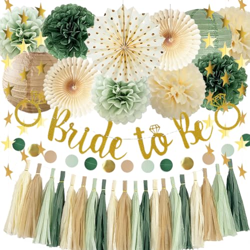 FETETIJD Sage Green Bridal Shower Decorations Green Bachelorette Party Decorations Bride To Be Banner Olive Sage Green Paper Pom Poms Paper Tassel Garlands Wedding Shower Party Decor - Image 1