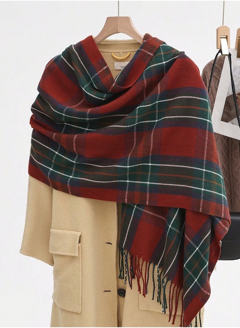 SHEIN.1pc Women Plaid Scarf With Tassels, Warm Shawl Wrap For Autumn/Winter For Dress - Image 1