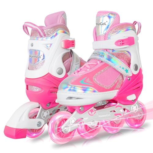 MammyGol Adjustable Inline Skates for Girls Kids Boys Youth with Light up Wheels, Pink Beginner Blades Roller Skates for Boys Size 1 2 3 4 Ages 6-12 - Image 1