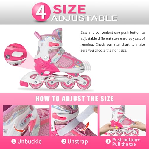 MammyGol Adjustable Inline Skates for Girls Kids Boys Youth with Light up Wheels, Pink Beginner Blades Roller Skates for Boys Size 1 2 3 4 Ages 6-12 - Image 4