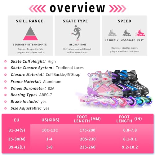 MammyGol Adjustable Inline Skates for Girls Kids Boys Youth with Light up Wheels, Pink Beginner Blades Roller Skates for Boys Size 1 2 3 4 Ages 6-12 - Image 5