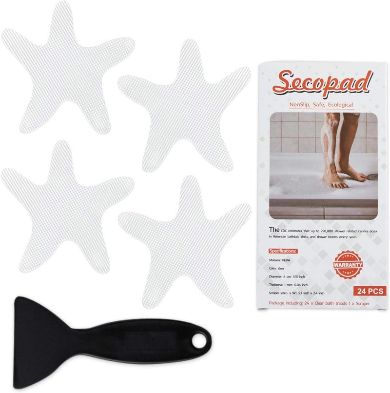 Secopad Anti Slip Shower Stickers, 24 PCS Safety Bathtub Stickers Adhesive Decals with Premium Scraper for Bath Tub Shower Stairs Ladders Boats (Clear) - Image 1
