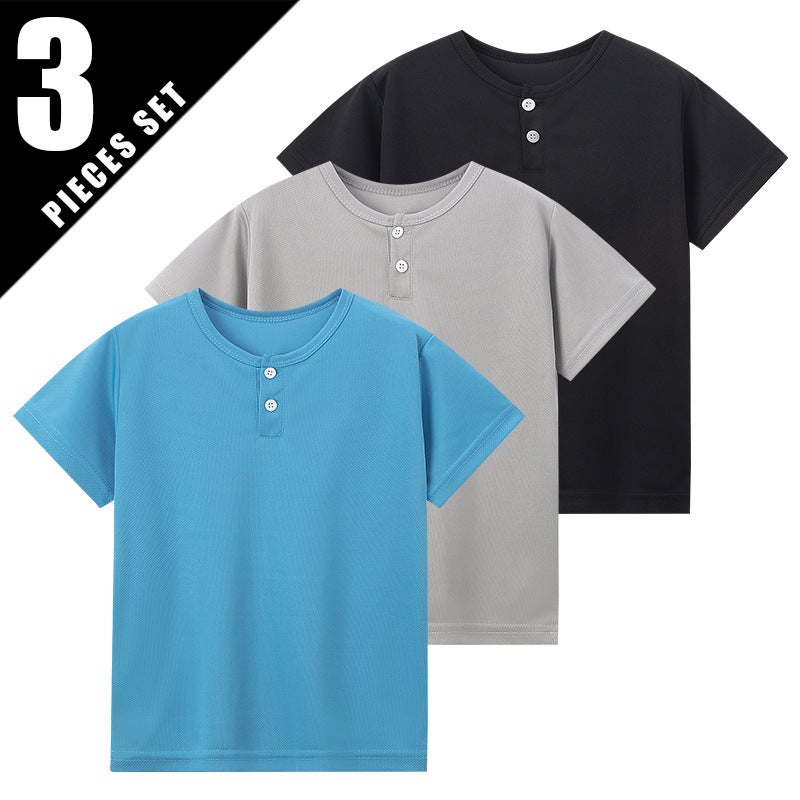 Overseas Platform For Summer Children Solid Color Button Henry Shirt Casual Boys Short-Sleeved Middle And Big Children T-Shirt - Image 1