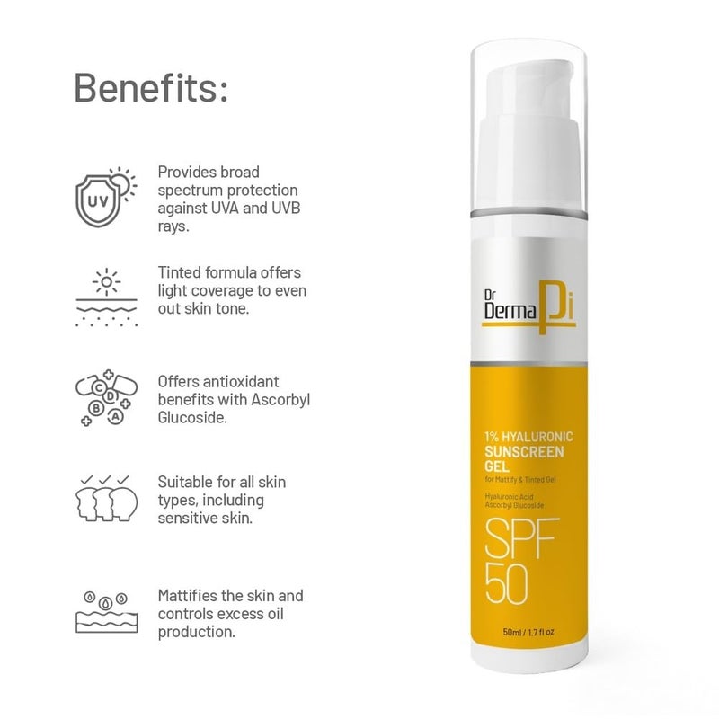 DrDermapi 1 Hyaluronic SunScreen Gel For Even Toned and Glowing Skin SPF 50 Sulfate and Paraben Free 50ml - Image 2