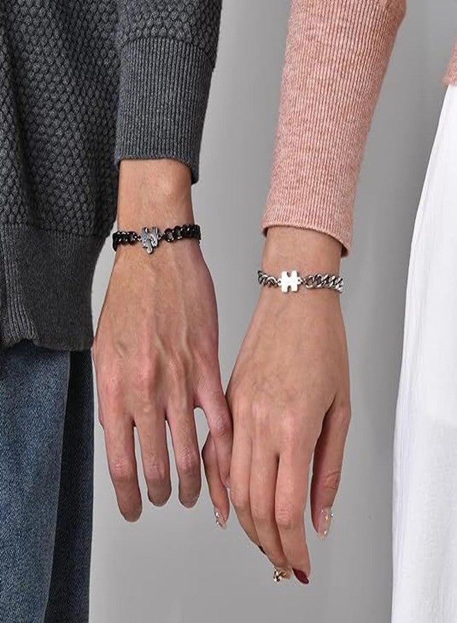 Jemant Heart Bracelets For Couples Him And Her Stainless Steel Cuban Beaded Chain Zirconia Adjustable Matching Puzzle Heart Couples Bracelets Set Valentine's Day Gift For Bf Gf - Image 2