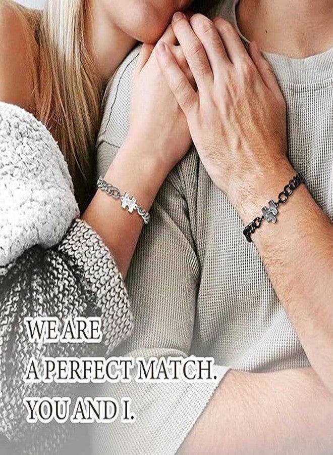 Jemant Heart Bracelets For Couples Him And Her Stainless Steel Cuban Beaded Chain Zirconia Adjustable Matching Puzzle Heart Couples Bracelets Set Valentine's Day Gift For Bf Gf - Image 3