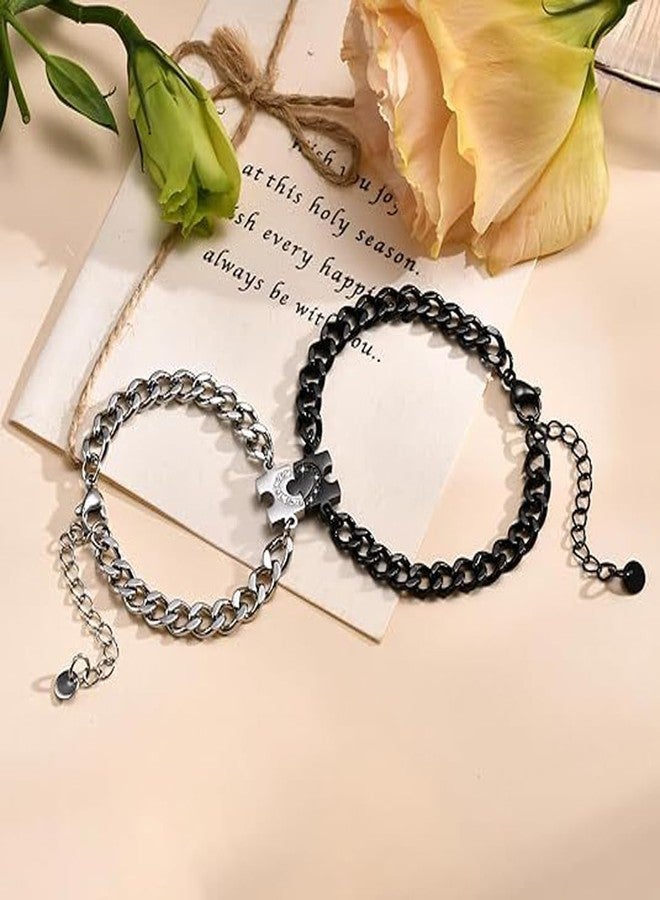 Jemant Heart Bracelets For Couples Him And Her Stainless Steel Cuban Beaded Chain Zirconia Adjustable Matching Puzzle Heart Couples Bracelets Set Valentine's Day Gift For Bf Gf - Image 5