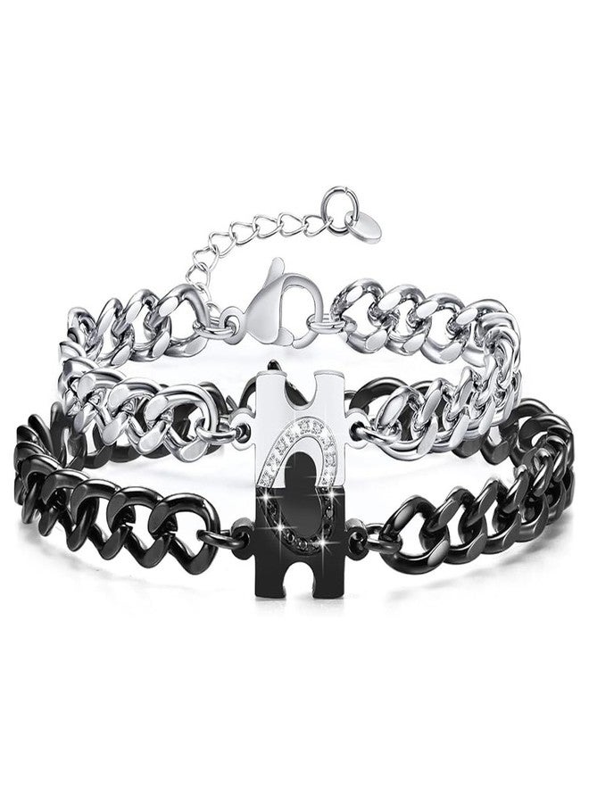 Jemant Heart Bracelets For Couples Him And Her Stainless Steel Cuban Beaded Chain Zirconia Adjustable Matching Puzzle Heart Couples Bracelets Set Valentine's Day Gift For Bf Gf - Image 1