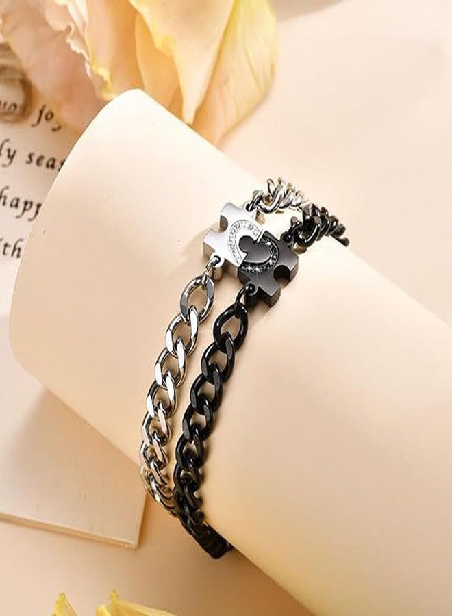 Jemant Heart Bracelets For Couples Him And Her Stainless Steel Cuban Beaded Chain Zirconia Adjustable Matching Puzzle Heart Couples Bracelets Set Valentine's Day Gift For Bf Gf - Image 4
