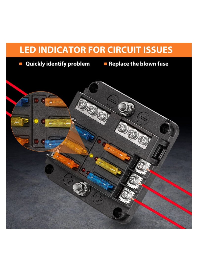 Y&D - Blade Fuse Block, 12V Waterproof Box Holder, 6 Circuit Negative Bus with LED Indicator for Automotive Car Truck Boat Marine RV Van - Image 1