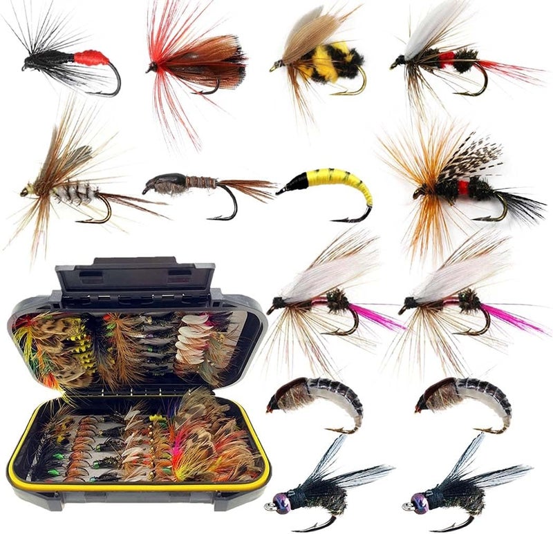 Handwork Fly Fishing Flies Kit, 50/114Pcs Handmade Fly Fishing Gear with Dry/Wet Flies, Streamers, Fly Assortment Trout Bass Fishing with Fly Box (114Pcs/Set-11 Mixed Styles) - Image 1