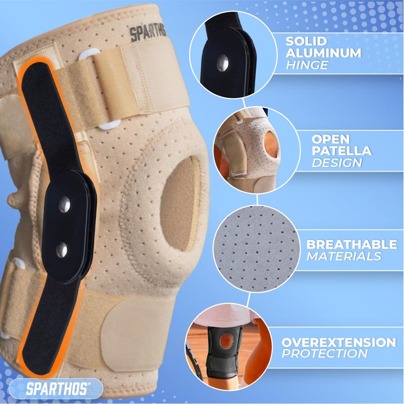 Sparthos Knee Brace - Heavy-Duty Hinged Support for ACL, MCL, Meniscus Tear, Arthritis, Tendonitis Pain - Open Patella - 4-Strap Adjustable, For Men & Women, Check Size Chart (Beige-L, 15Â½-20â€³ Thigh) - Image 4