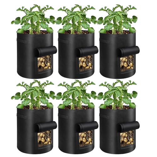 BIJOKETTEN 6 Pack Potato Grow Bags, 10 Gallon Planting Bags Large Fabric Pots with Flap Window Vegetable Planter Garden Pot Tall Potato Growing Containers with Handles for Vegetables, Fruits and More, Black - Image 1