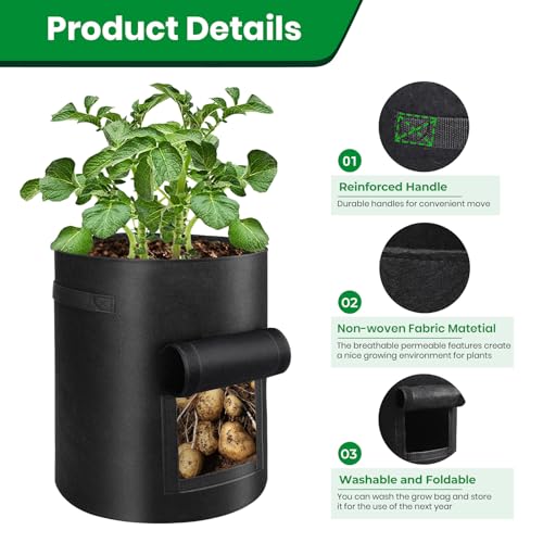 BIJOKETTEN 6 Pack Potato Grow Bags, 10 Gallon Planting Bags Large Fabric Pots with Flap Window Vegetable Planter Garden Pot Tall Potato Growing Containers with Handles for Vegetables, Fruits and More, Black - Image 3