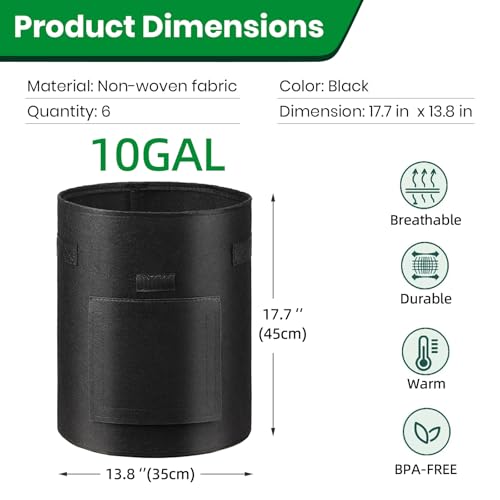BIJOKETTEN 6 Pack Potato Grow Bags, 10 Gallon Planting Bags Large Fabric Pots with Flap Window Vegetable Planter Garden Pot Tall Potato Growing Containers with Handles for Vegetables, Fruits and More, Black - Image 2