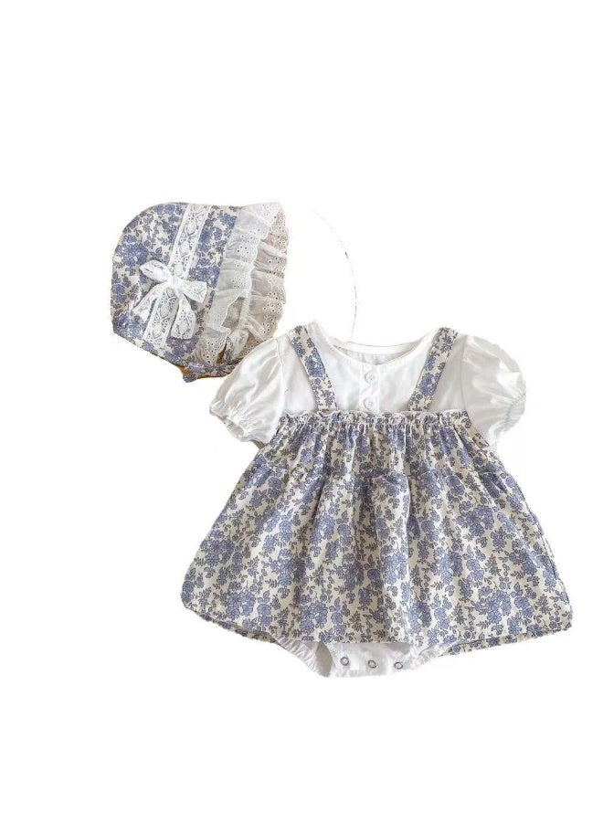 DOOKOO Summer Printed Floral Baby Jumpsuit -ShortSleeve Blue Romper with Matching Hat 2 Pcs for Newborns and Infants - Image 3