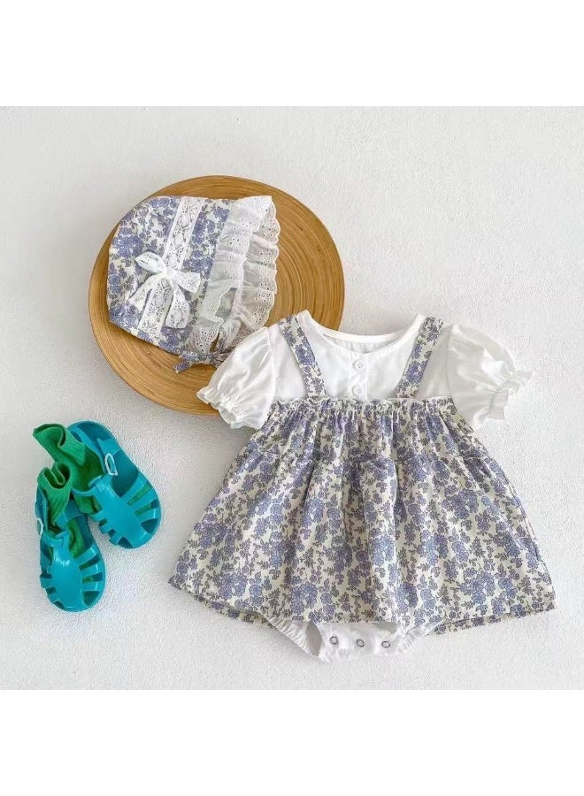 DOOKOO Summer Printed Floral Baby Jumpsuit -ShortSleeve Blue Romper with Matching Hat 2 Pcs for Newborns and Infants - Image 4