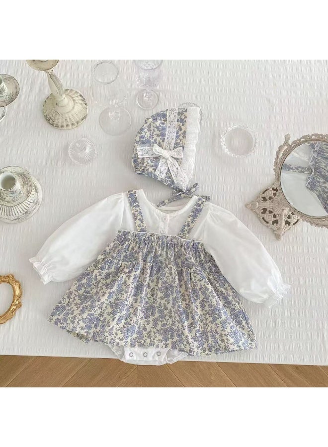 DOOKOO Summer Printed Floral Baby Jumpsuit -ShortSleeve Blue Romper with Matching Hat 2 Pcs for Newborns and Infants - Image 1