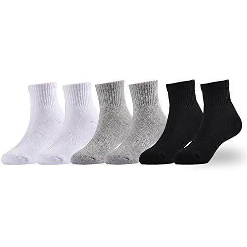 EPEIUS Kids Girls' Cushioned Socks Toddler Boys Thick Cotton Running Socks Ankle Sports 6 Pack 4-7 Years,Black White Light Grey - Image 1