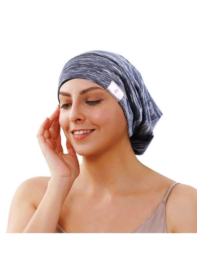 greatremy Large Silky Satin Lined Bonnet Sleep Cap Adjustable Elastic Band Satin Hair Cover Bonnet Cotton Slouchy Beanie Hat For Women Sleeping Natural Curly Hair Care（Navy Blue） - Image 1