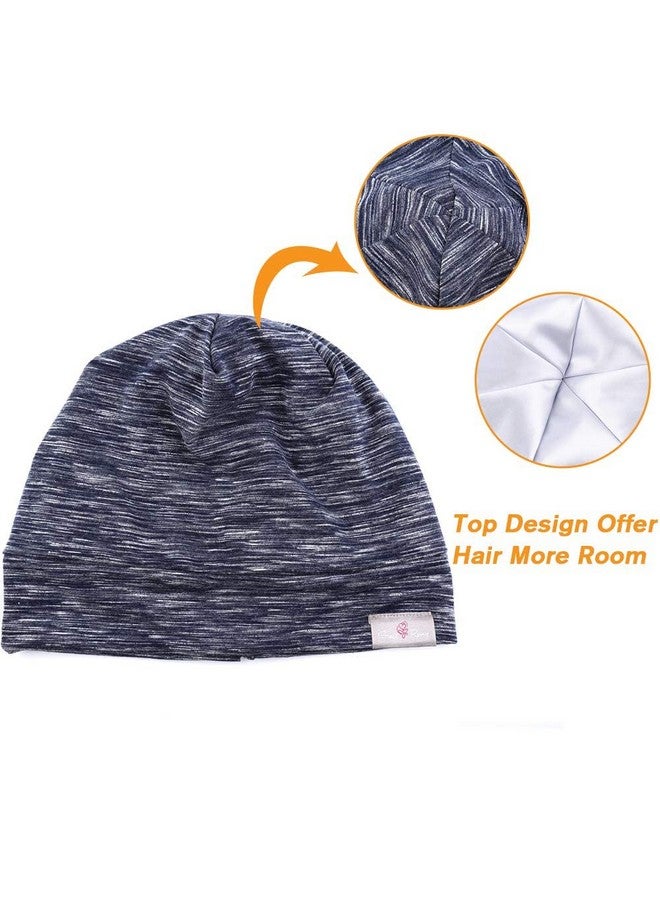 greatremy Large Silky Satin Lined Bonnet Sleep Cap Adjustable Elastic Band Satin Hair Cover Bonnet Cotton Slouchy Beanie Hat For Women Sleeping Natural Curly Hair Care（Navy Blue） - Image 5