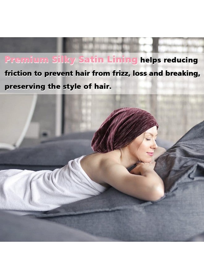 greatremy Large Silky Satin Lined Bonnet Sleep Cap Adjustable Elastic Band Satin Hair Cover Bonnet Cotton Slouchy Beanie Hat For Women Sleeping Natural Curly Hair Care（Navy Blue） - Image 3