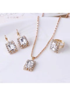 Heart  Teardrop Jewelry Set Necklace Earrings Ring Square white (gold)