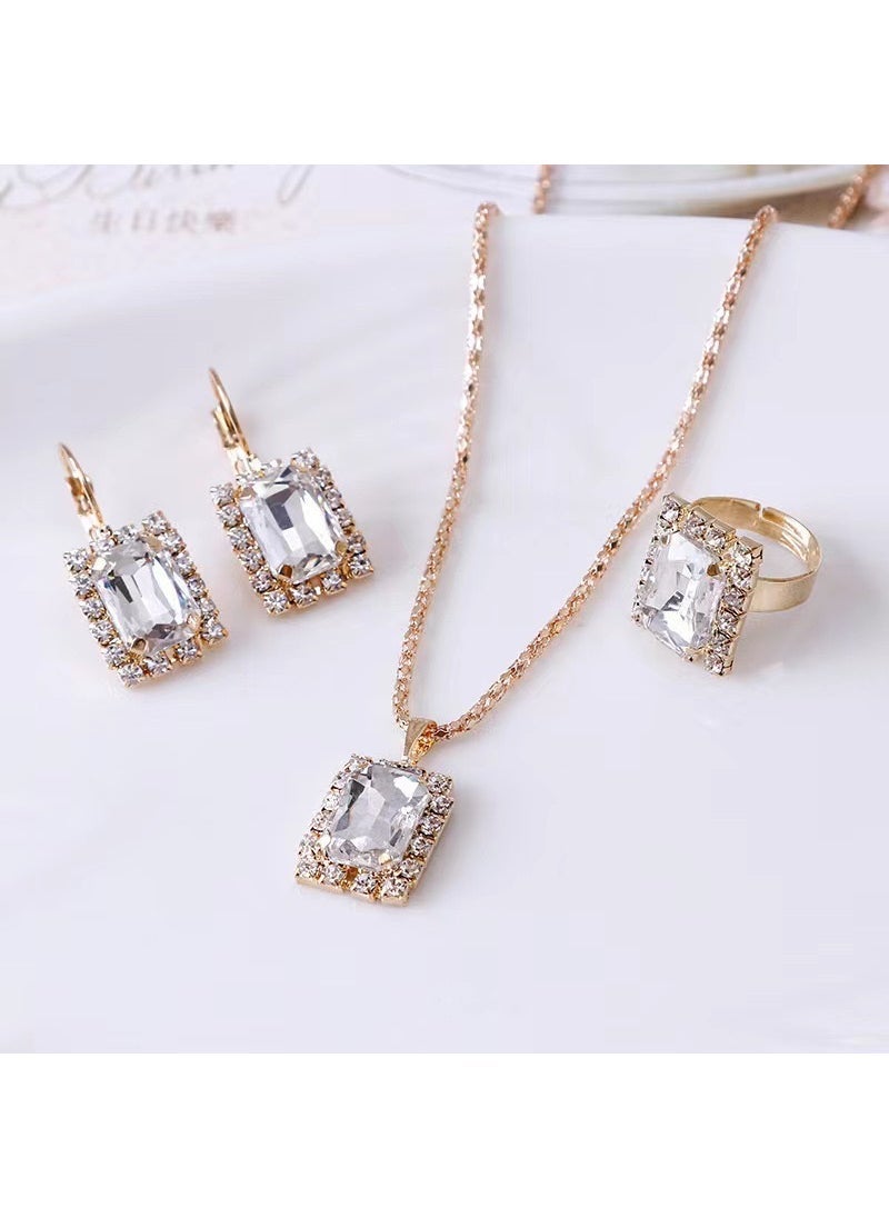 Generic - Heart  Teardrop Jewelry Set Necklace Earrings Ring Square white (gold) - Image 1