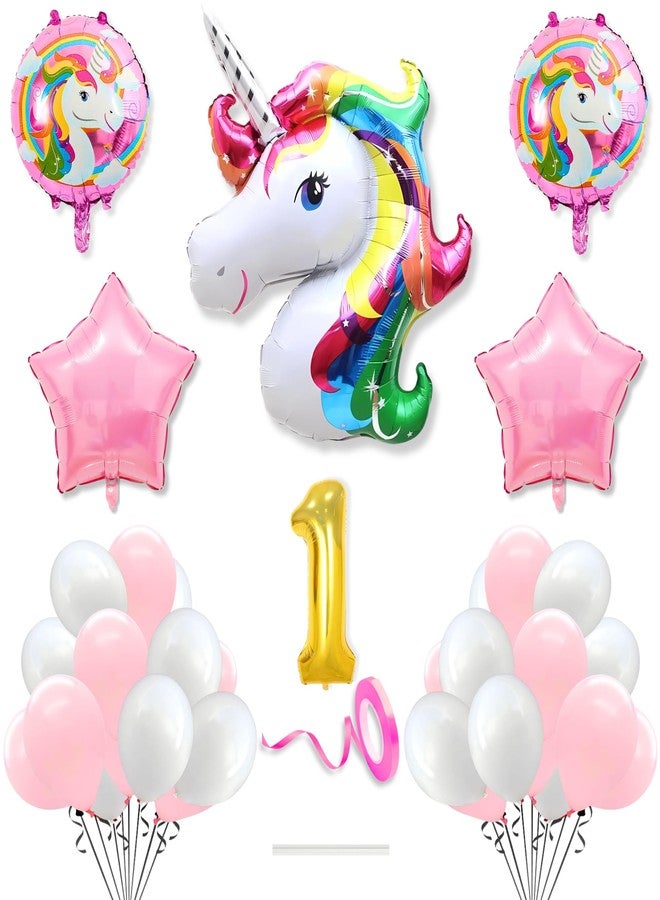Flyloons 1st Unicorn Theme Birthday Decoration Kit Pink White for 1 year Old Baby Boys Girls Kids 5 Pcs Unicorn Theme 30 Pcs Pastel Balloons Decoration Set Items 2 Pcs Pink Star - Image 1