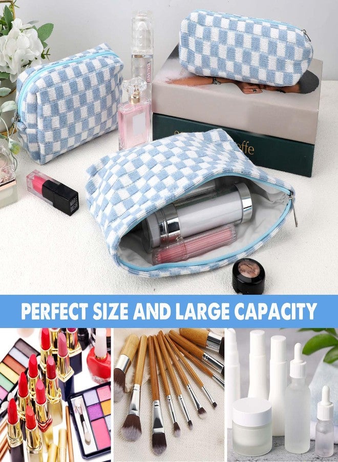 Gocvo Makeup Bag Cosmetic Bag Set for Girls Women Checkered Travel Organizer Bathroom Toiletry Pouch Large Capacity Storage Bag, Blue-White, Fashion - Image 2