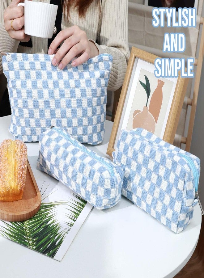 Gocvo Makeup Bag Cosmetic Bag Set for Girls Women Checkered Travel Organizer Bathroom Toiletry Pouch Large Capacity Storage Bag, Blue-White, Fashion - Image 5