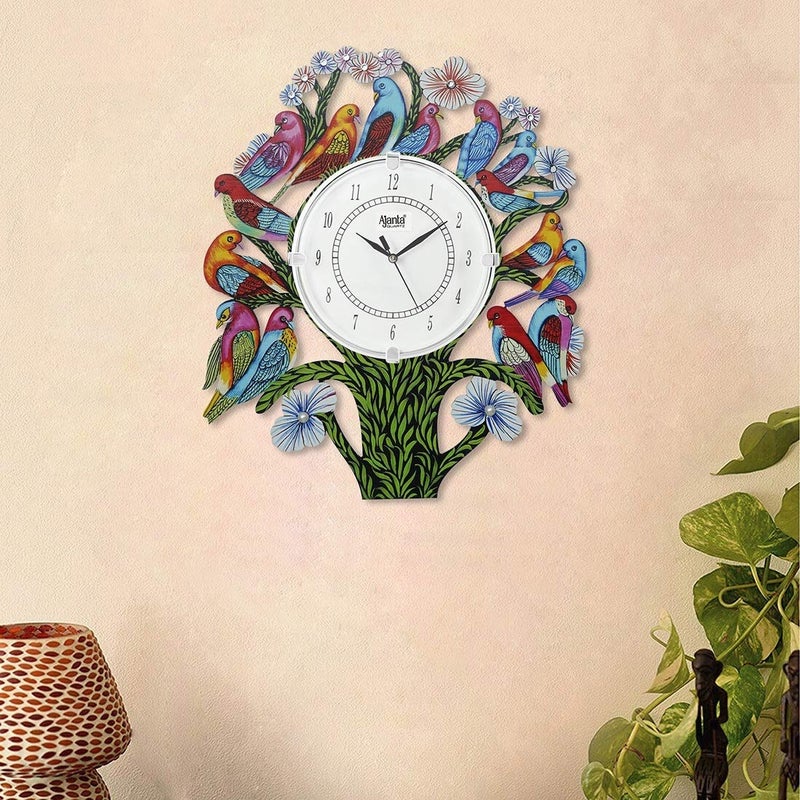 CIRCADIAN Ajanta Wooden Analog Wall Clock Design for Home Hall Living Room Decor Office Kids Bedroom Stylish Ethnic Antique Decorative White Colour Bird Tree 41 x 33 cm Pack of 1 - Image 3