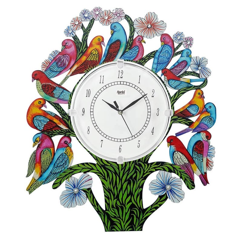 CIRCADIAN Ajanta Wooden Analog Wall Clock Design for Home Hall Living Room Decor Office Kids Bedroom Stylish Ethnic Antique Decorative White Colour Bird Tree 41 x 33 cm Pack of 1 - Image 1