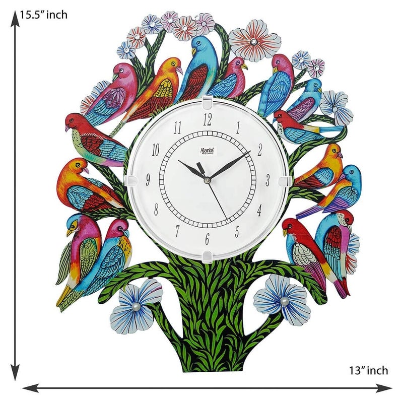 CIRCADIAN Ajanta Wooden Analog Wall Clock Design for Home Hall Living Room Decor Office Kids Bedroom Stylish Ethnic Antique Decorative White Colour Bird Tree 41 x 33 cm Pack of 1 - Image 2
