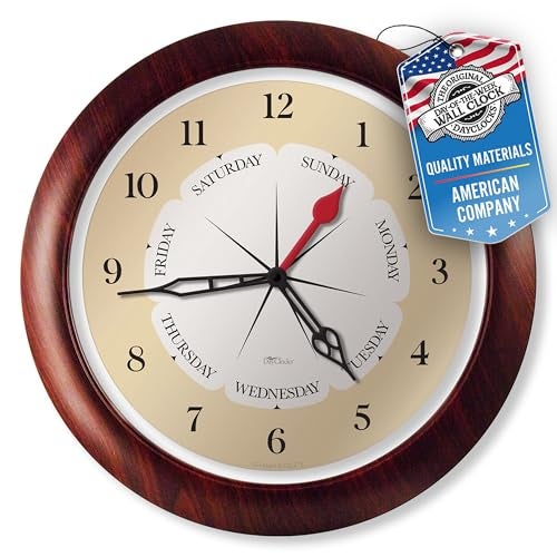 DayClocks ساعة حائط يومية - ساعة تناظرية أسبوعية مع الأيام والساعات والدقائق - حلقة شفافة في الإطار - هدية مثالية للتقاعد للرجال والنساء، إطار بلون الجوز، 13.5" - Image 1