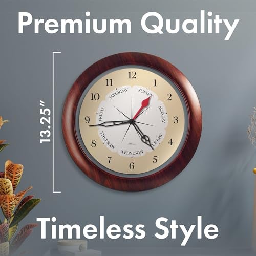 DayClocks ساعة حائط يومية - ساعة تناظرية أسبوعية مع الأيام والساعات والدقائق - حلقة شفافة في الإطار - هدية مثالية للتقاعد للرجال والنساء، إطار بلون الجوز، 13.5" - Image 5