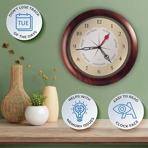 DayClocks ساعة حائط يومية - ساعة تناظرية أسبوعية مع الأيام والساعات والدقائق - حلقة شفافة في الإطار - هدية مثالية للتقاعد للرجال والنساء، إطار بلون الجوز، 13.5" - Image 2