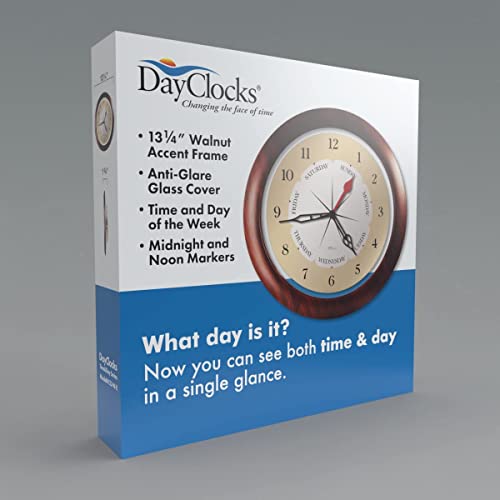 DayClocks ساعة حائط يومية - ساعة تناظرية أسبوعية مع الأيام والساعات والدقائق - حلقة شفافة في الإطار - هدية مثالية للتقاعد للرجال والنساء، إطار بلون الجوز، 13.5" - Image 3