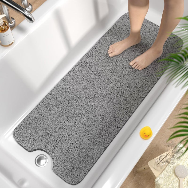 HITSLAM Non Slip Bath Mat 100 x 40 cm Extra Long Shower Mats for Inside Shower Soft PVC Loofah Bathtub Mat with Drain Quick Drying shower mat for Wet Area Without Suction Cup Grey
