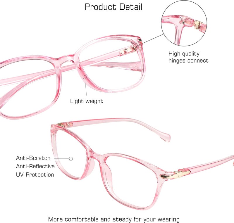 VisionGlobal Blue Light Blocking Glasses for Women, Anti Eyestrain, Computer Reading, TV Glasses, Stylish Square Frame, Anti Glare(Clear Pink,+1.75 Magnification) - Image 2