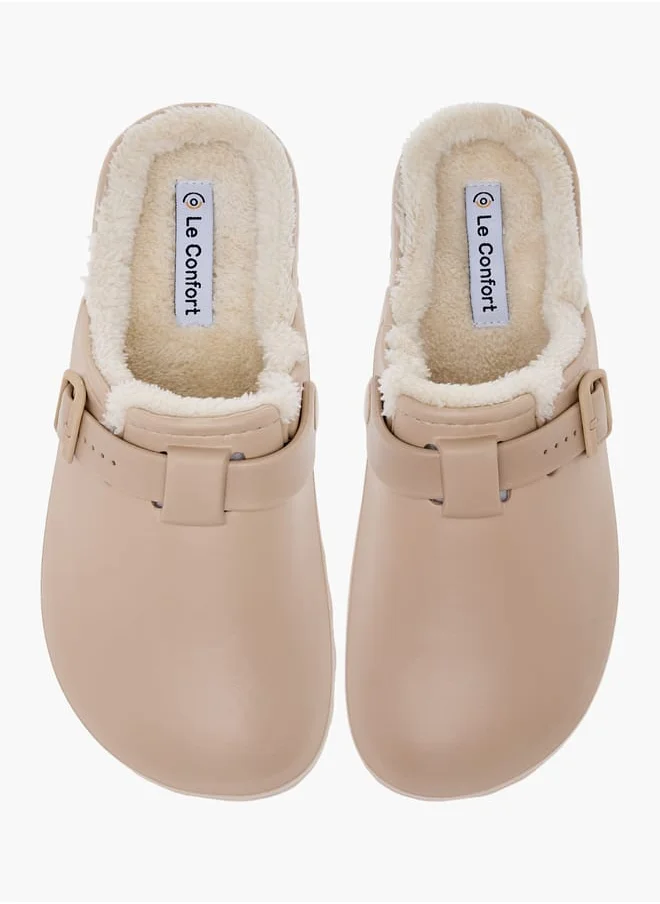 لو كونفورت Women Solid Bedroom Mules with Fur Accent and Buckle Detail