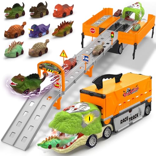 BAODLON Dinosaur Carrier Truck Race Track Toys for Kids 35 Large Toy Cars Track Set with 8 Small Dinosaur Cars TRex Transport Carrier Christmas Birthday Gifts for 3 4 5 6 7 Year Old Toddler Boys Girls - Image 1