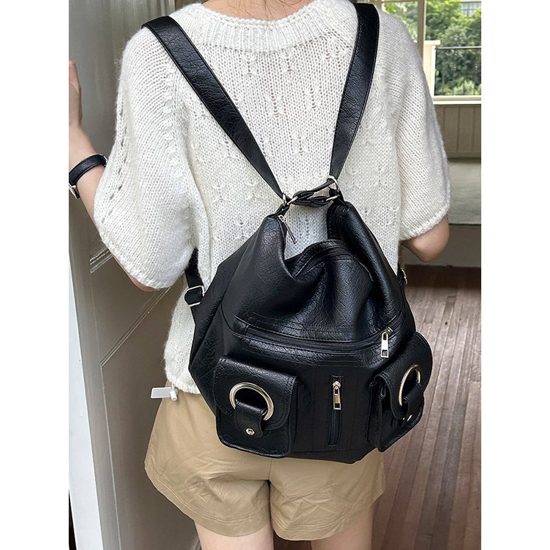 Korean Style Simple Personality Match Fashion Zipper Pocket PU Leather Tote Bag Single Shoulder Bag Commuting Large Capacity Dou Black 