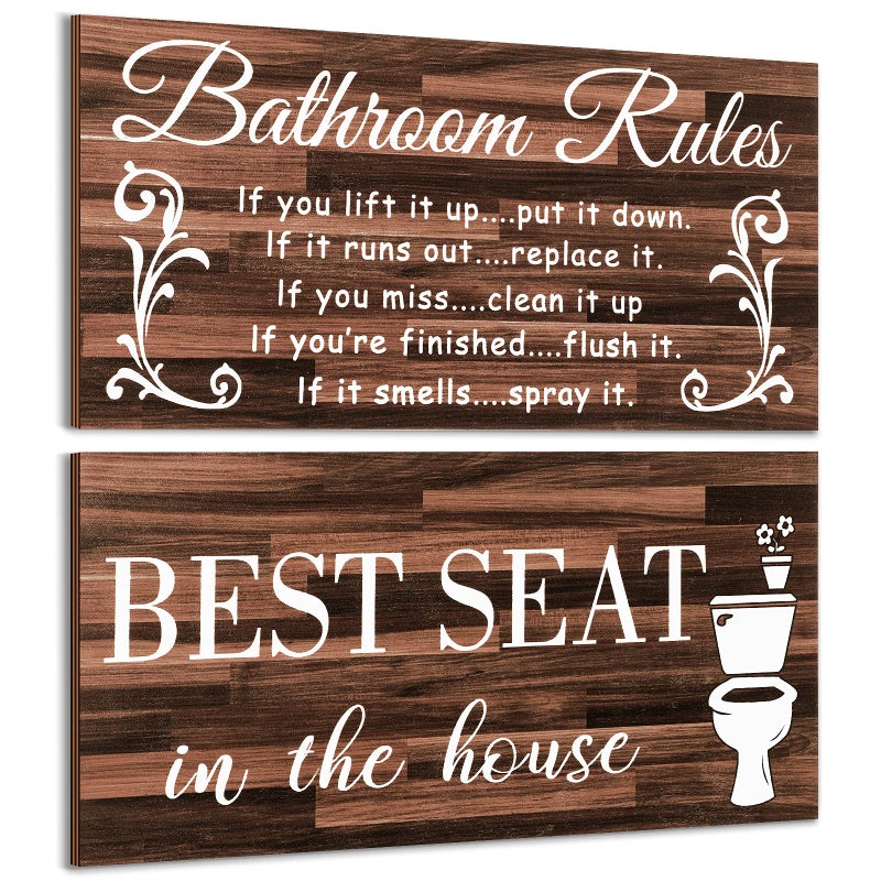 Jetec 2 Pieces Funny Bathroom Pictures Wall Sign Decor Farmhouse Bathroom Rule Wall Art Toilet Rustic Decoration Best Seat Wooden SignRetro Style
