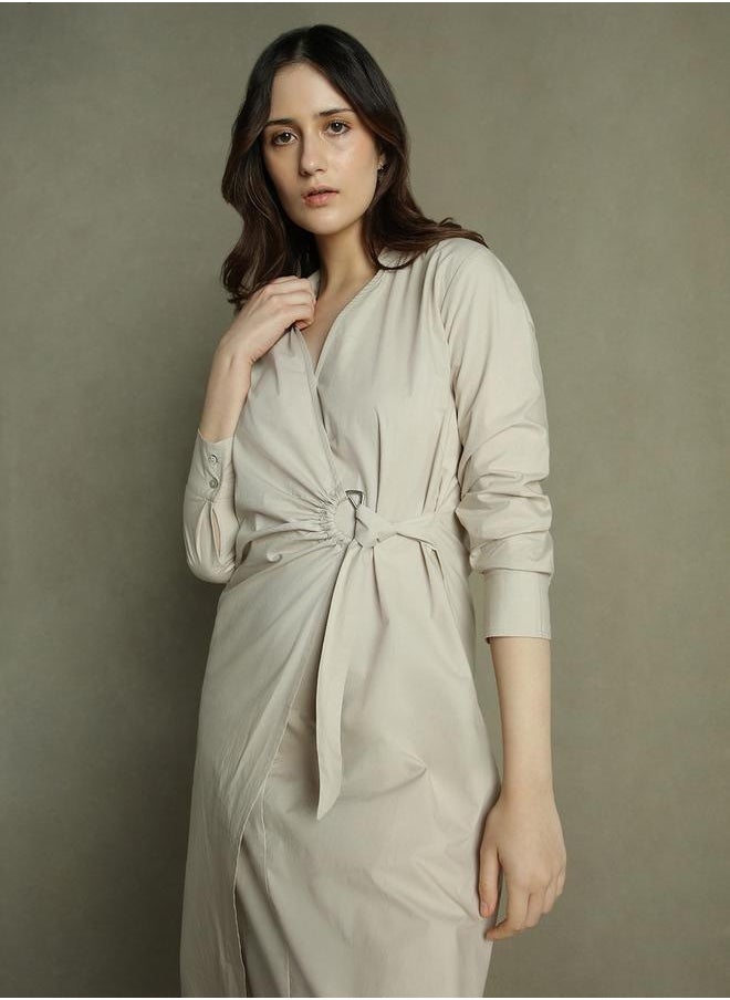 Dennis Lingo Beige Wrap Dress for Women - Regular Fit, Casual  - Image 4