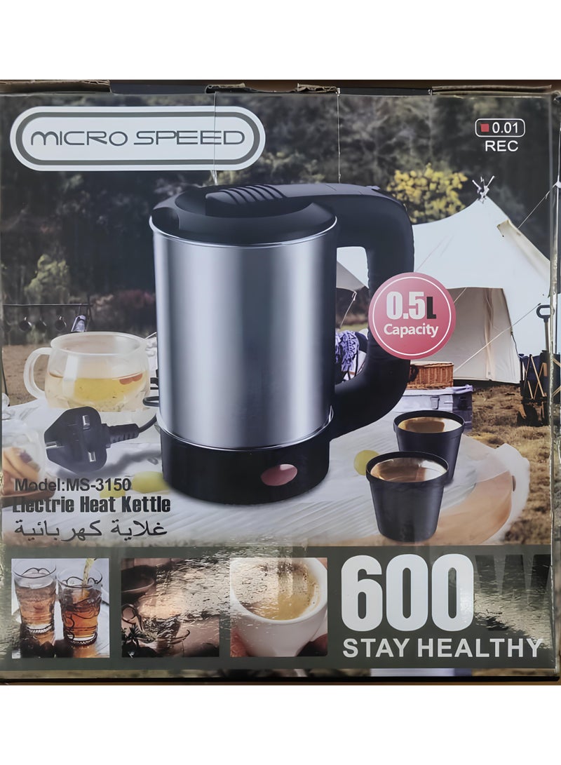 micro speed 600W Mini Electric Kettle with LED Indicator 500 ml, Black and Silver with Auto Shut-Off, Dry Burn Protection - Image 2