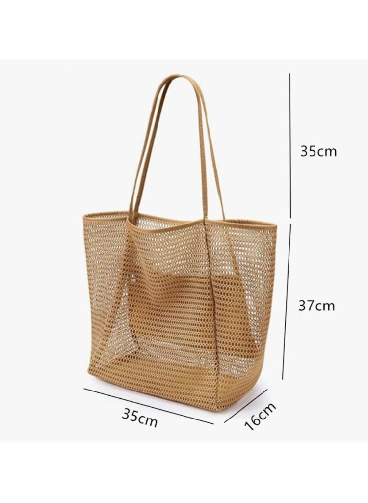 Unisex Adult Large Mesh Beach Tote Bag, Lightweight Travel Pool Vacation Cruise Bag, Brown - Image 2