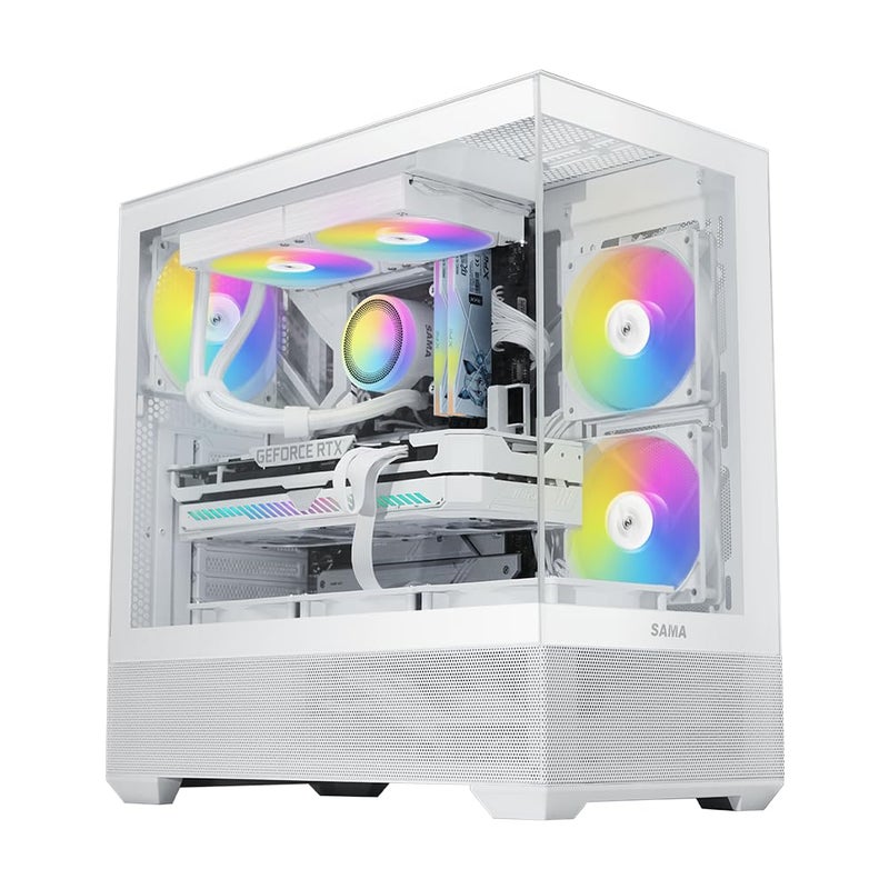 SAMA V40 Mid Tower ATX Case â€“ 6 Ã— 120mm ARGB PWM Fans Pre-Installed, Dual Tempered Glass Panels, Vertical Airflow, Dual-Chamber Design, USB 3.1 Type-C, 7 Slots, Supports ATX/MATX/ITX GPUs, White - Image 1