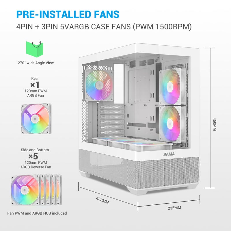 SAMA V40 Mid Tower ATX Case â€“ 6 Ã— 120mm ARGB PWM Fans Pre-Installed, Dual Tempered Glass Panels, Vertical Airflow, Dual-Chamber Design, USB 3.1 Type-C, 7 Slots, Supports ATX/MATX/ITX GPUs, White - Image 2