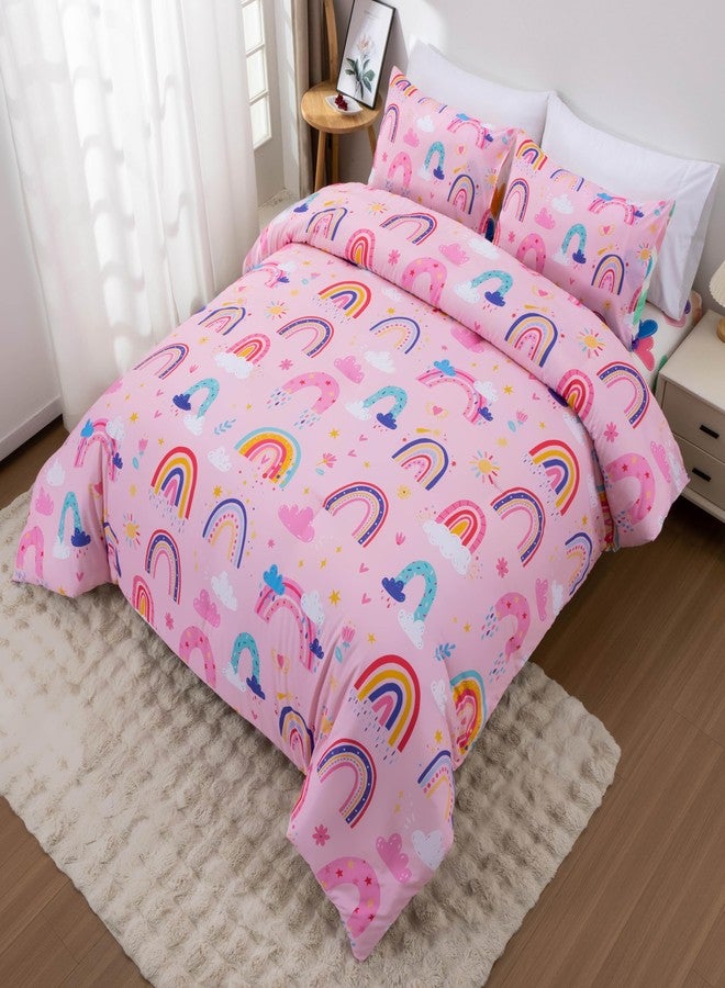 Btargot Lightweight Soft 3 Piece Rainbow Comforter Set with 2 Pillow Covers, Cartoon Love Hearts Suns and Stars Bedding Set for Girls Boys Kids, Full Light Pink - Image 2